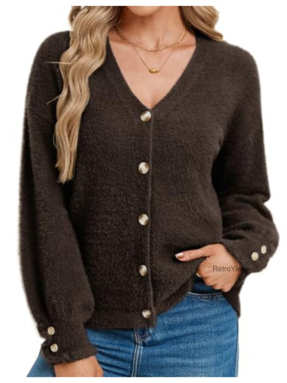 Fuzzy Chunky Wool Blend Cardigan Button Long Sleeve V-Neck Sweater